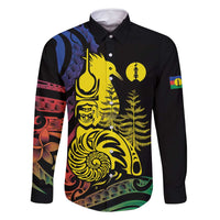 New Caledonia Kanaky Family Matching Mermaid Dress and Hawaiian Shirt Stylized Fleche Faitiere With Kagu Bird LT7 Dad's Shirt - Long Sleeve Black - Polynesian Pride