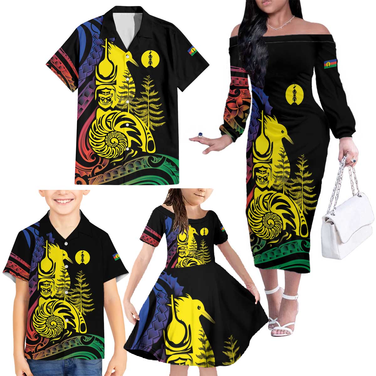 New Caledonia Kanaky Family Matching Off The Shoulder Long Sleeve Dress and Hawaiian Shirt Stylized Fleche Faitiere With Kagu Bird LT7 - Polynesian Pride