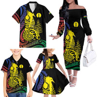 New Caledonia Kanaky Family Matching Off The Shoulder Long Sleeve Dress and Hawaiian Shirt Stylized Fleche Faitiere With Kagu Bird LT7 - Polynesian Pride