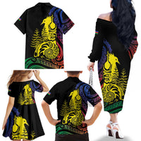 New Caledonia Kanaky Family Matching Off The Shoulder Long Sleeve Dress and Hawaiian Shirt Stylized Fleche Faitiere With Kagu Bird LT7 - Polynesian Pride