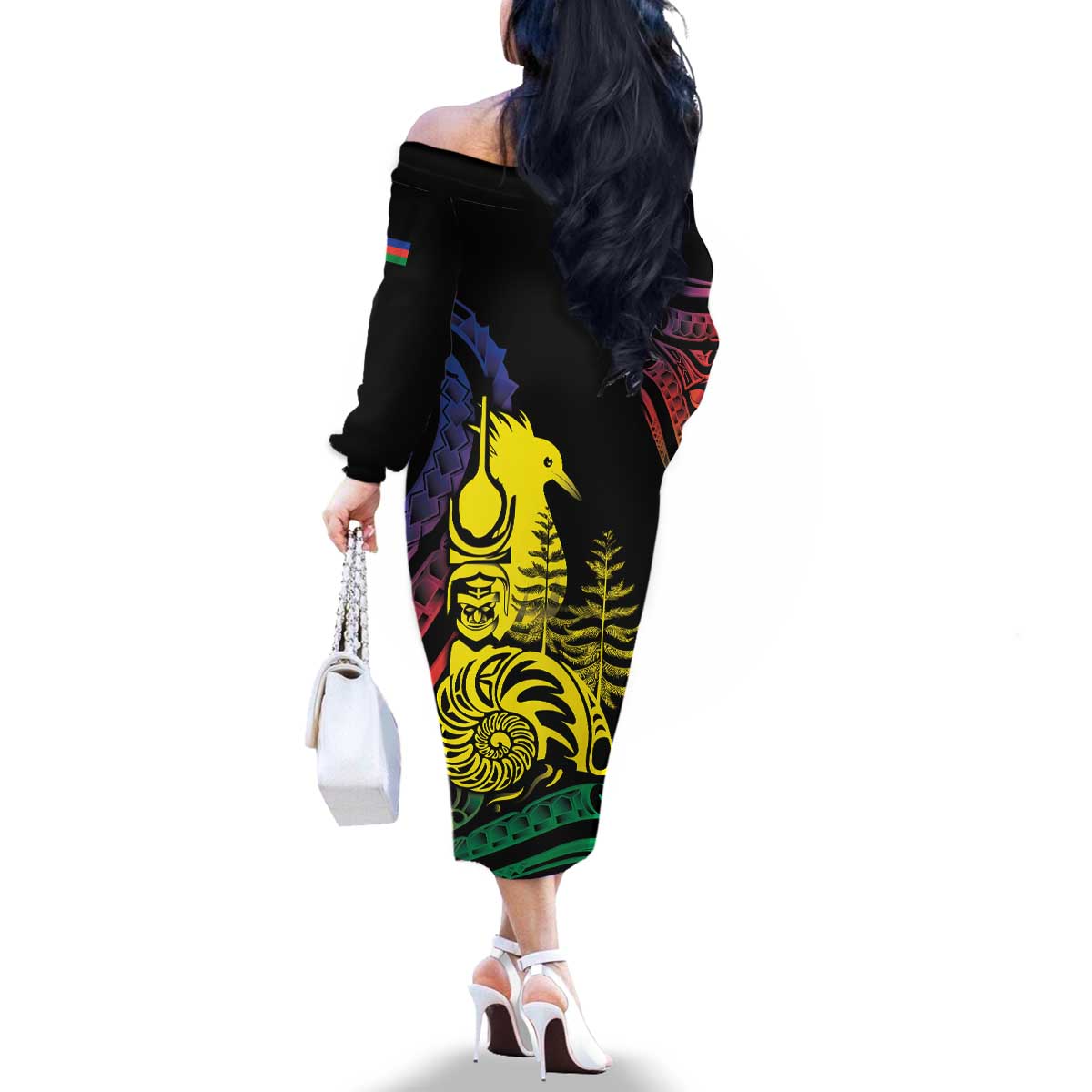 New Caledonia Kanaky Family Matching Off The Shoulder Long Sleeve Dress and Hawaiian Shirt Stylized Fleche Faitiere With Kagu Bird LT7 - Polynesian Pride