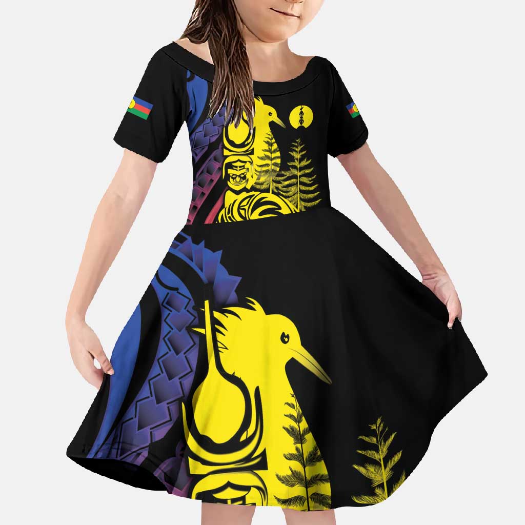 New Caledonia Kanaky Family Matching Off Shoulder Maxi Dress and Hawaiian Shirt Stylized Fleche Faitiere With Kagu Bird LT7 Daughter's Dress Black - Polynesian Pride