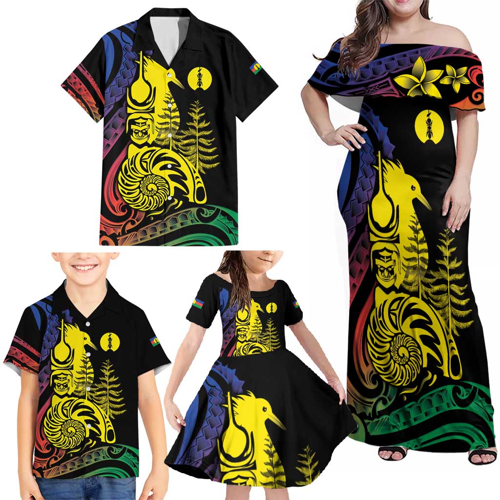 New Caledonia Kanaky Family Matching Off Shoulder Maxi Dress and Hawaiian Shirt Stylized Fleche Faitiere With Kagu Bird LT7 - Polynesian Pride