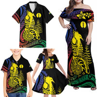 New Caledonia Kanaky Family Matching Off Shoulder Maxi Dress and Hawaiian Shirt Stylized Fleche Faitiere With Kagu Bird LT7 - Polynesian Pride