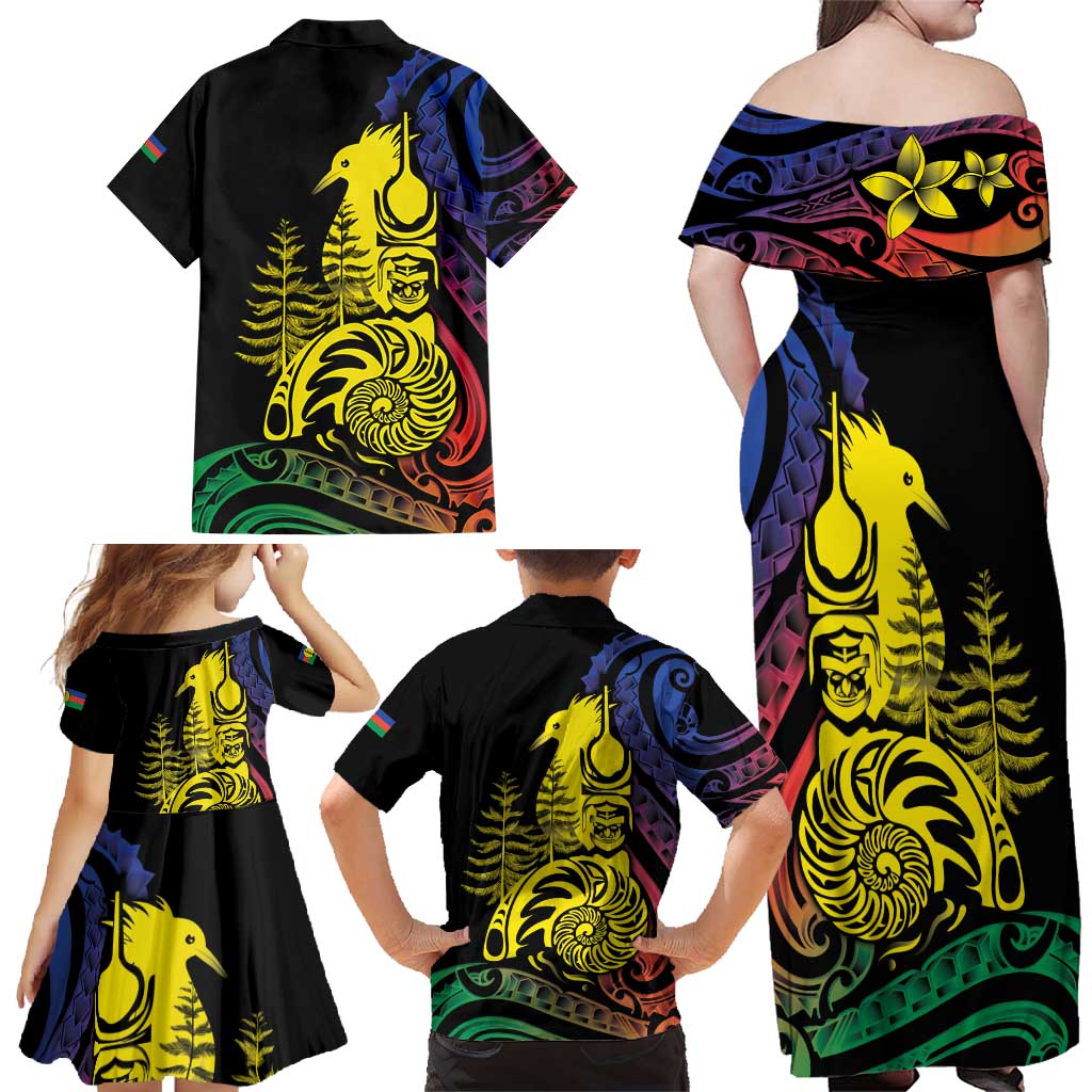 New Caledonia Kanaky Family Matching Off Shoulder Maxi Dress and Hawaiian Shirt Stylized Fleche Faitiere With Kagu Bird LT7 - Polynesian Pride