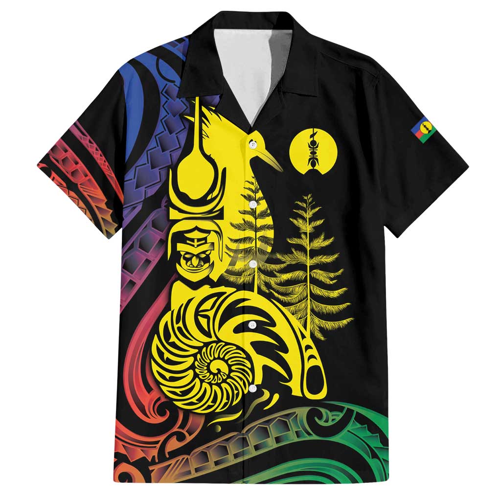 New Caledonia Kanaky Family Matching Off Shoulder Maxi Dress and Hawaiian Shirt Stylized Fleche Faitiere With Kagu Bird LT7 Dad's Shirt - Short Sleeve Black - Polynesian Pride
