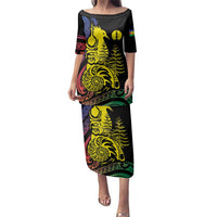 New Caledonia Kanaky Family Matching Puletasi and Hawaiian Shirt Stylized Fleche Faitiere With Kagu Bird LT7 Mom's Dress Black - Polynesian Pride