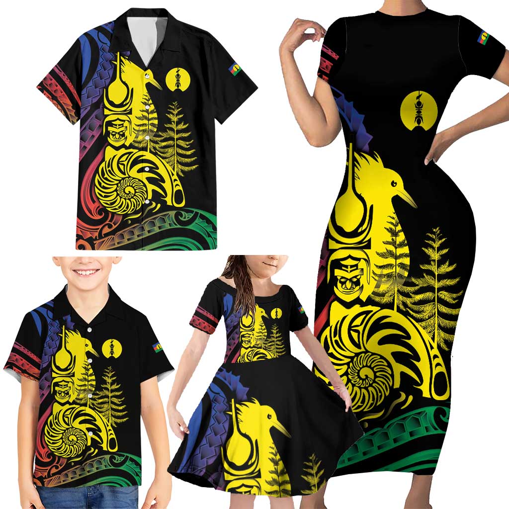 New Caledonia Kanaky Family Matching Short Sleeve Bodycon Dress and Hawaiian Shirt Stylized Fleche Faitiere With Kagu Bird LT7 - Polynesian Pride