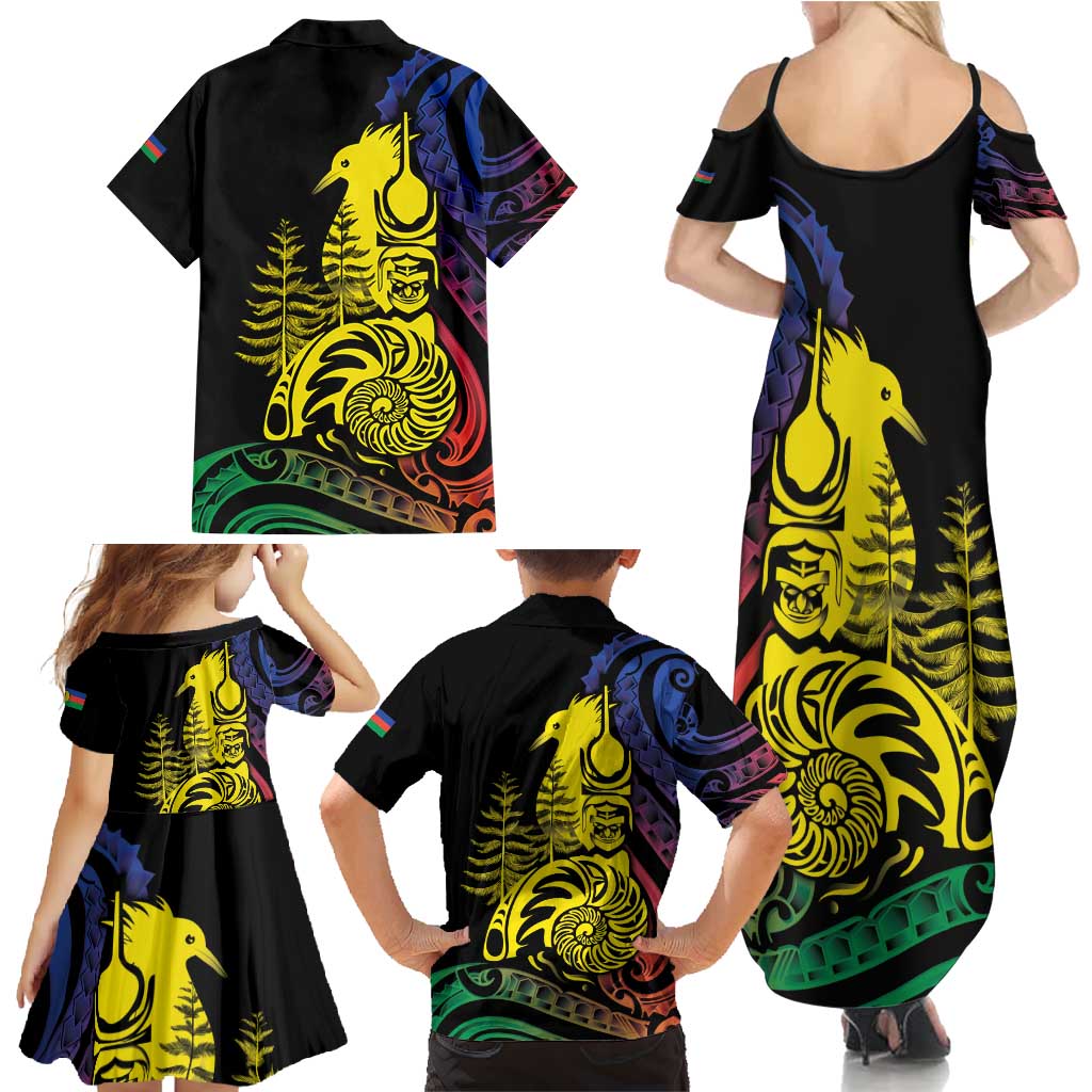 New Caledonia Kanaky Family Matching Summer Maxi Dress and Hawaiian Shirt Stylized Fleche Faitiere With Kagu Bird LT7 - Polynesian Pride