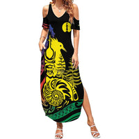 New Caledonia Kanaky Family Matching Summer Maxi Dress and Hawaiian Shirt Stylized Fleche Faitiere With Kagu Bird LT7 Mom's Dress Black - Polynesian Pride