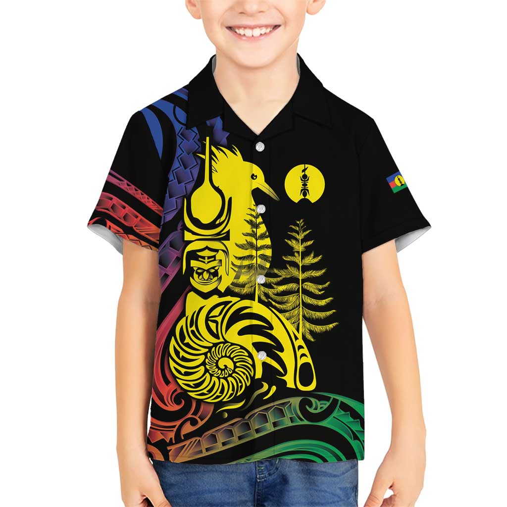 New Caledonia Kanaky Family Matching Summer Maxi Dress and Hawaiian Shirt Stylized Fleche Faitiere With Kagu Bird LT7 Son's Shirt Black - Polynesian Pride