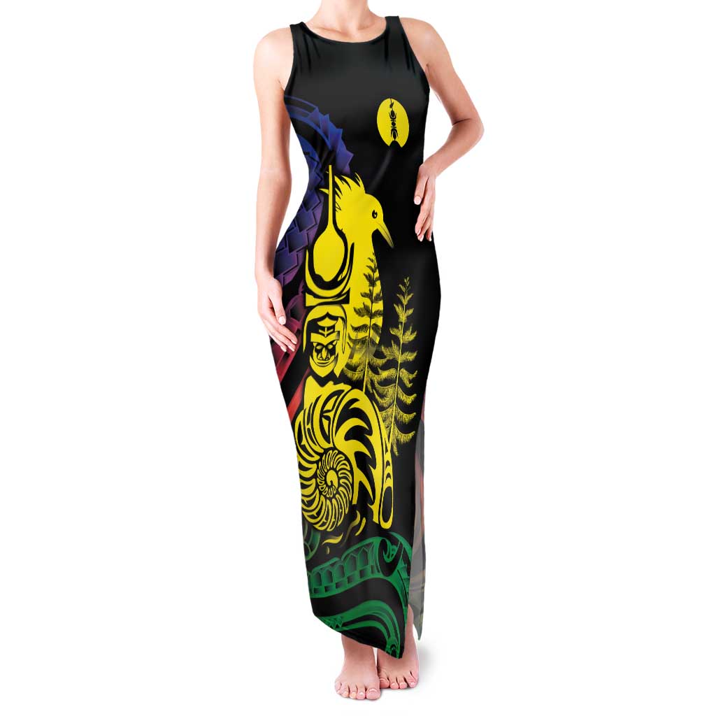 New Caledonia Kanaky Family Matching Tank Maxi Dress and Hawaiian Shirt Stylized Fleche Faitiere With Kagu Bird LT7 Mom's Dress Black - Polynesian Pride