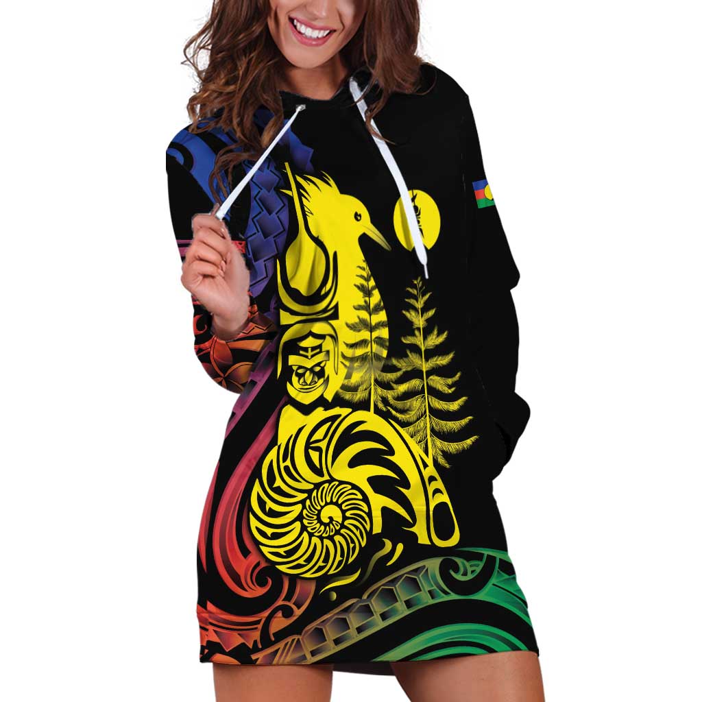 New Caledonia Kanaky Hoodie Dress Stylized Fleche Faitiere With Kagu Bird LT7 Black - Polynesian Pride