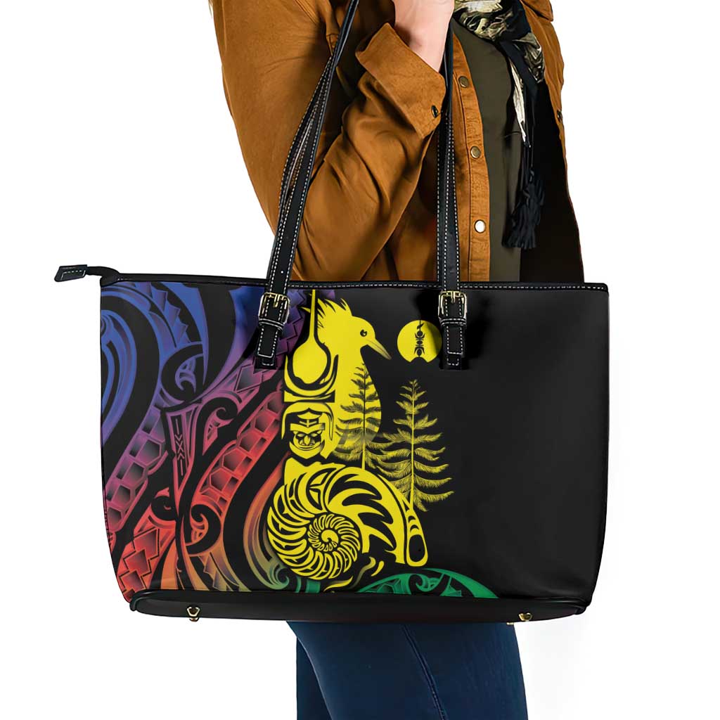 New Caledonia Kanaky Leather Tote Bag Stylized Fleche Faitiere With Kagu Bird