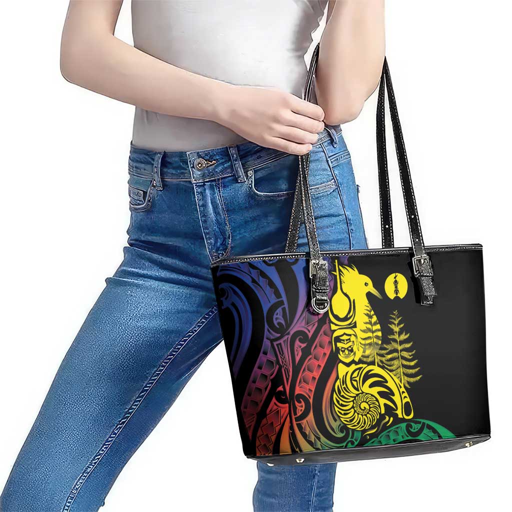 New Caledonia Kanaky Leather Tote Bag Stylized Fleche Faitiere With Kagu Bird