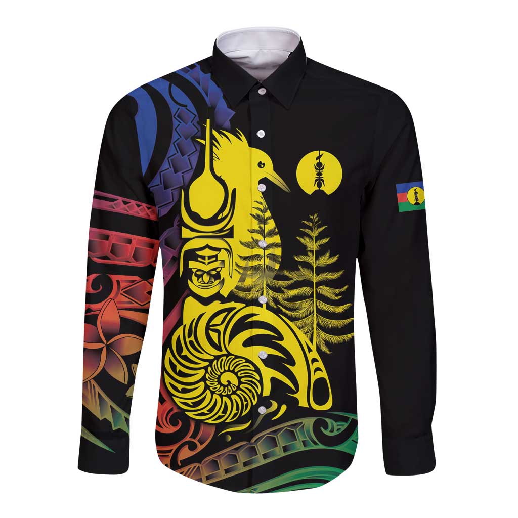New Caledonia Kanaky Long Sleeve Button Shirt Stylized Fleche Faitiere With Kagu Bird