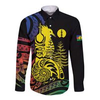 New Caledonia Kanaky Long Sleeve Button Shirt Stylized Fleche Faitiere With Kagu Bird