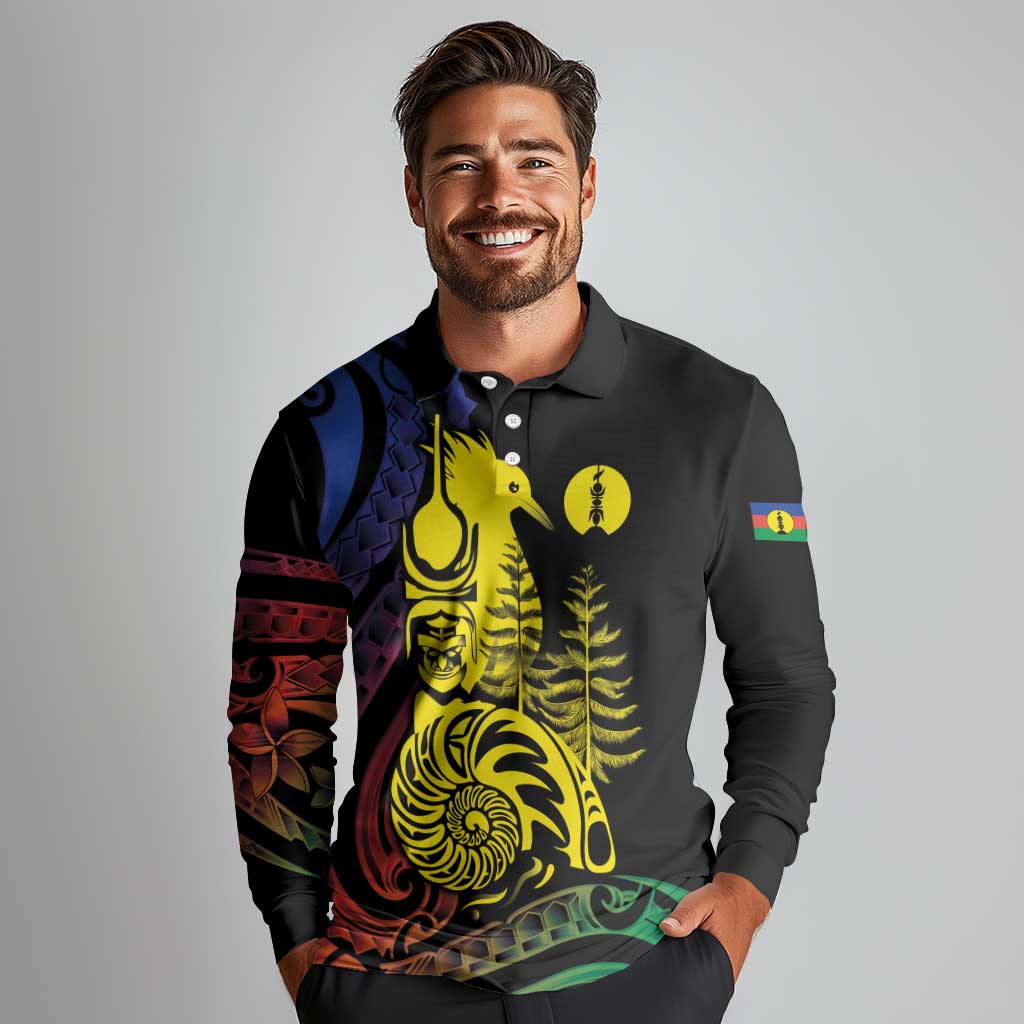 New Caledonia Kanaky Long Sleeve Polo Shirt Stylized Fleche Faitiere With Kagu Bird