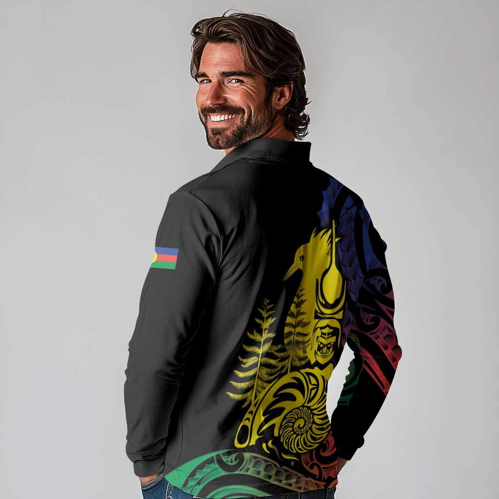 New Caledonia Kanaky Long Sleeve Polo Shirt Stylized Fleche Faitiere With Kagu Bird