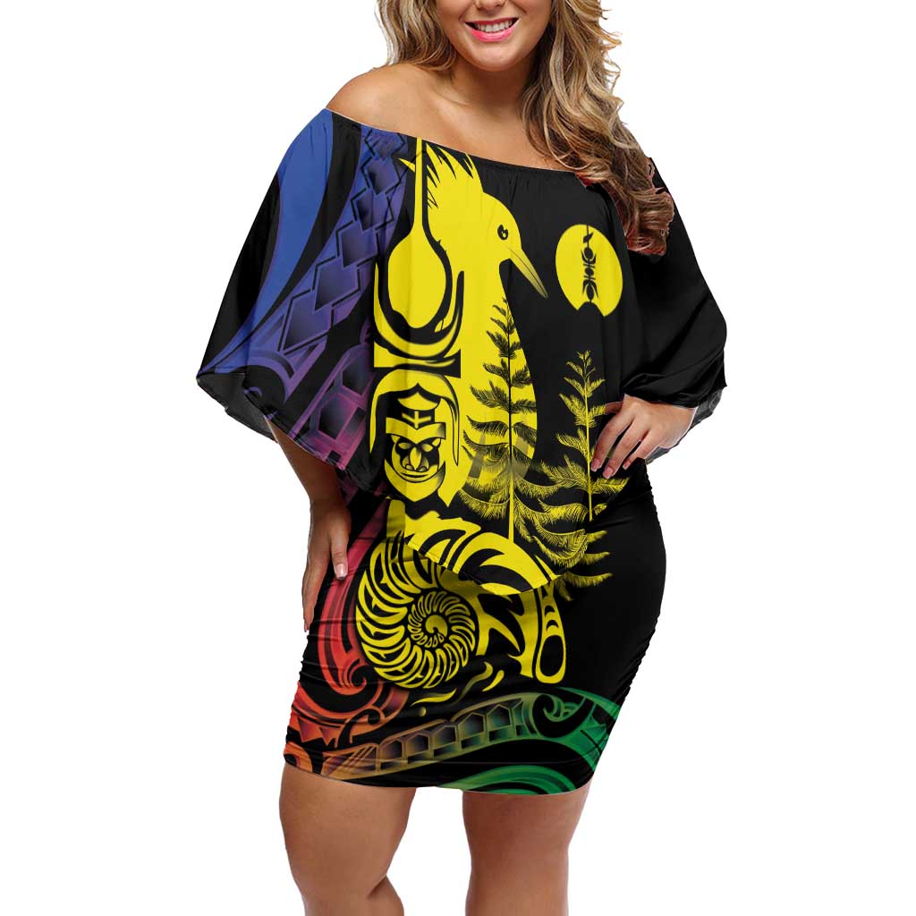 New Caledonia Kanaky Off Shoulder Short Dress Stylized Fleche Faitiere With Kagu Bird
