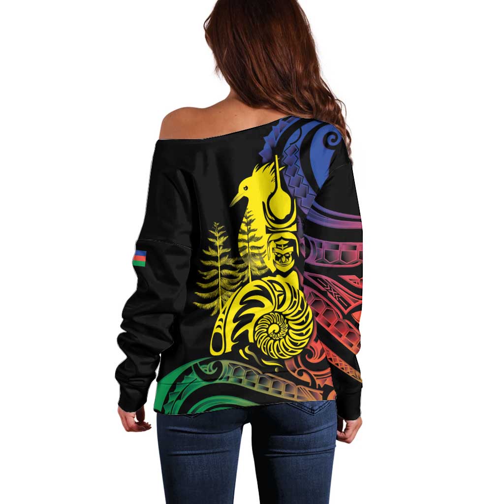 New Caledonia Kanaky Off Shoulder Sweater Stylized Fleche Faitiere With Kagu Bird