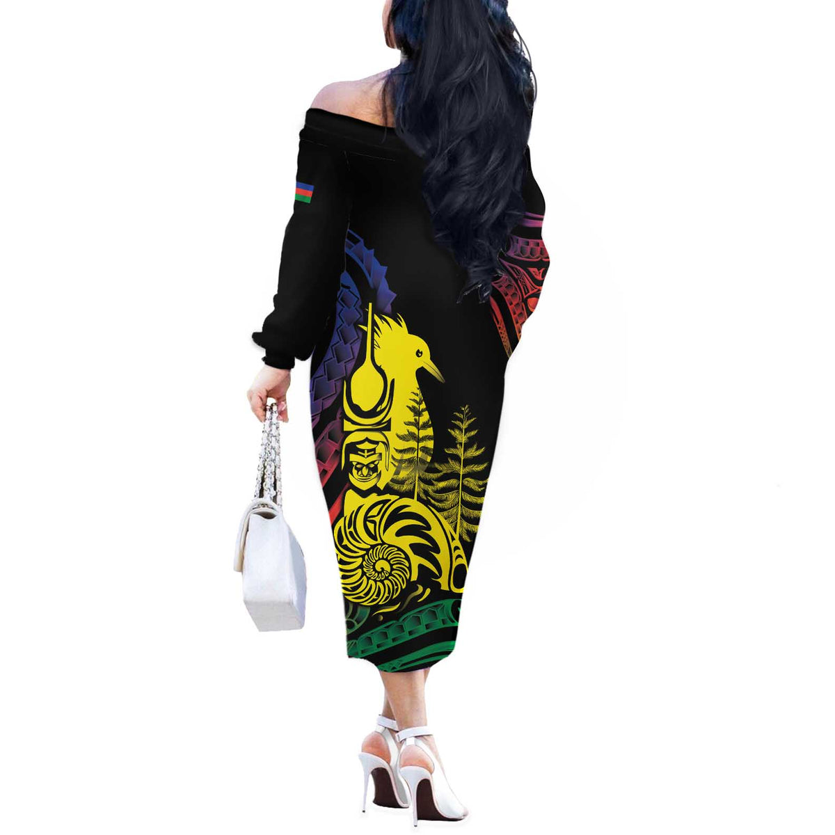 New Caledonia Kanaky Off The Shoulder Long Sleeve Dress Stylized Fleche Faitiere With Kagu Bird LT7 - Polynesian Pride