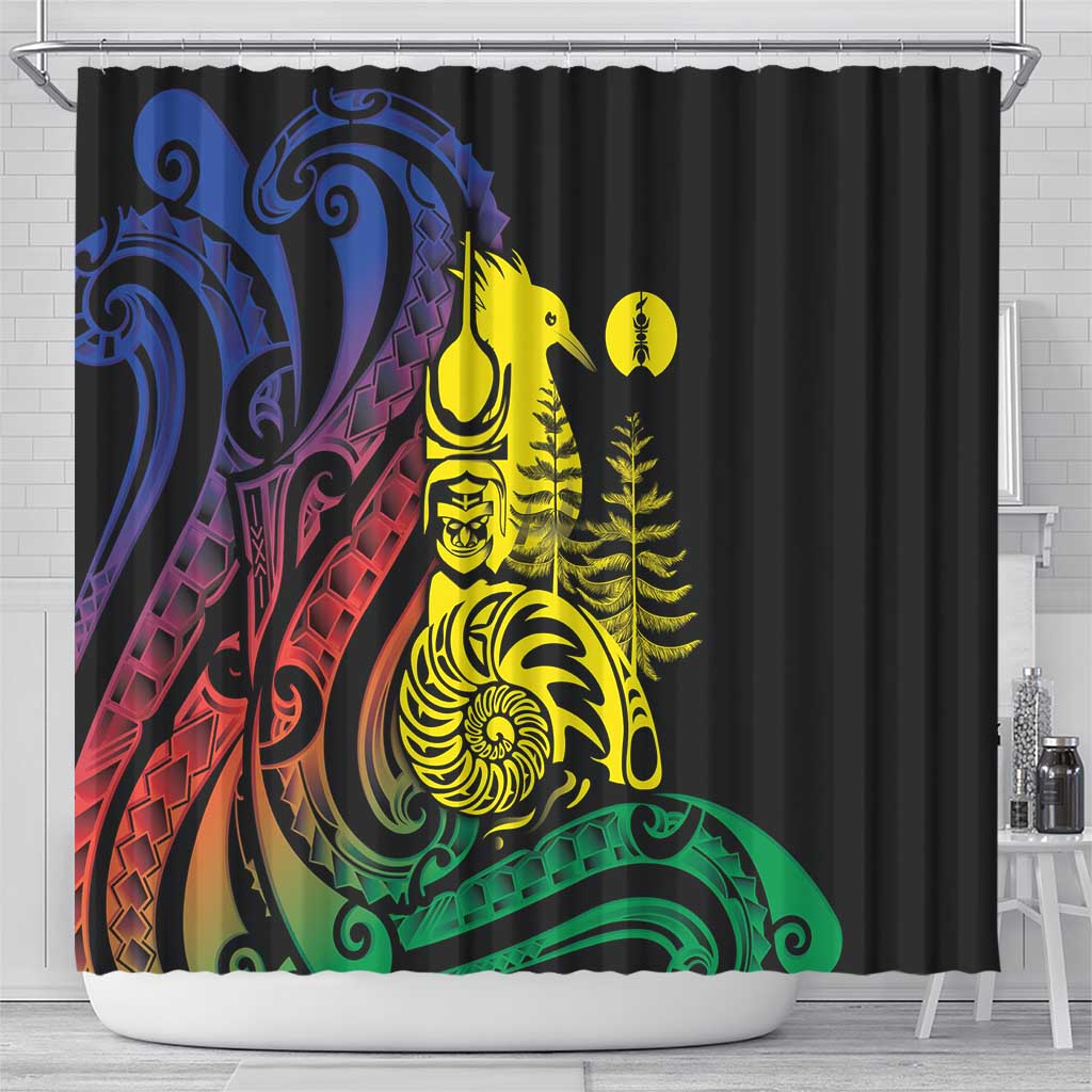 New Caledonia Kanaky Shower Curtain Stylized Fleche Faitiere With Kagu Bird