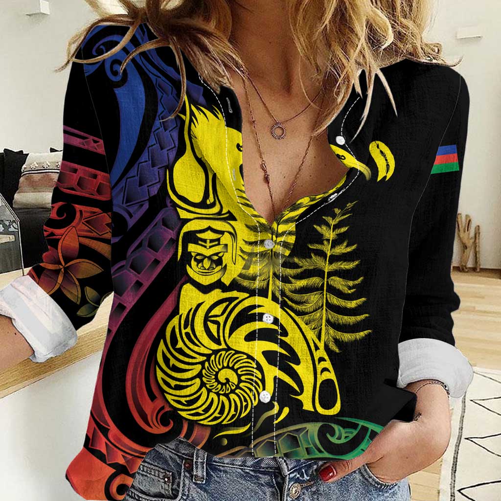 New Caledonia Kanaky Women Casual Shirt Stylized Fleche Faitiere With Kagu Bird LT7 Female Black - Polynesian Pride
