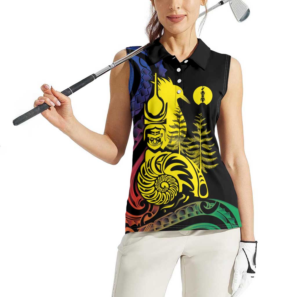 New Caledonia Kanaky Women Sleeveless Polo Shirt Stylized Fleche Faitiere With Kagu Bird LT7 - Polynesian Pride