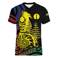 New Caledonia Kanaky Women V-Neck T-Shirt Stylized Fleche Faitiere With Kagu Bird LT7 Female Black - Polynesian Pride