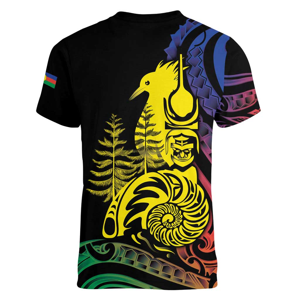 New Caledonia Kanaky Women V-Neck T-Shirt Stylized Fleche Faitiere With Kagu Bird LT7 - Polynesian Pride