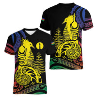 New Caledonia Kanaky Women V-Neck T-Shirt Stylized Fleche Faitiere With Kagu Bird LT7 - Polynesian Pride