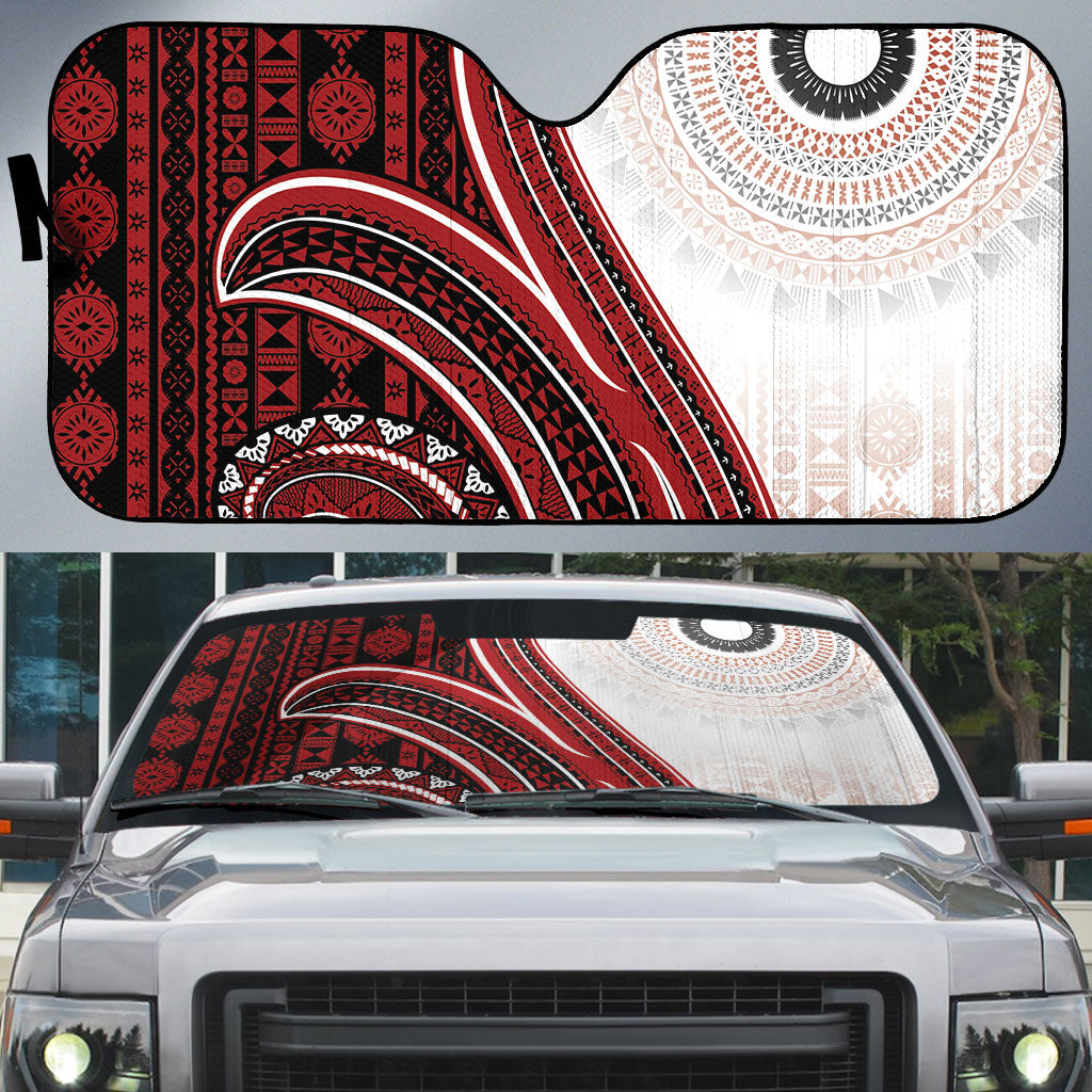 Bula Fiji Vintage Tapa Auto Sun Shade Kaivity Masi Wave Motifs - Red LT7 Red - Polynesian Pride