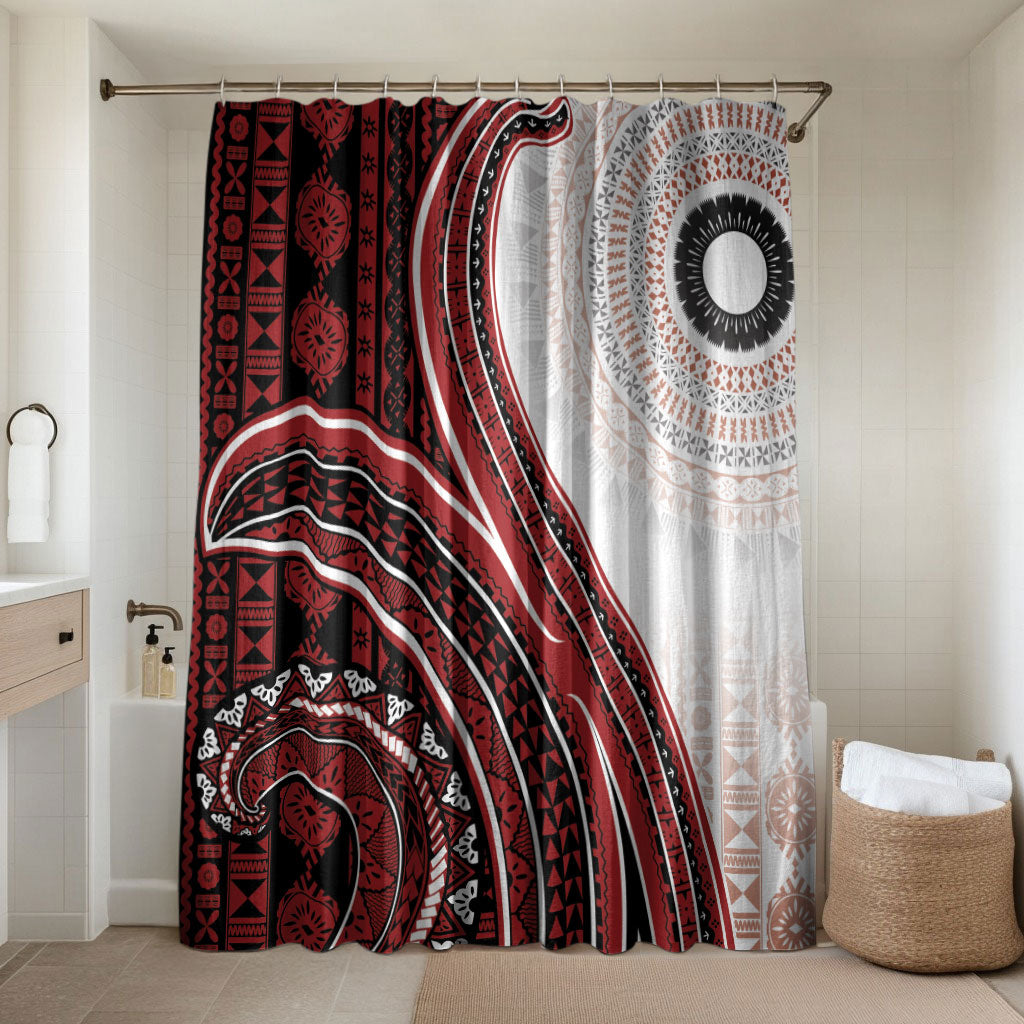 Bula Fiji Vintage Tapa Bathroom Set Kaivity Masi Wave Motifs - Red LT7 Shower Curtain Only Red - Polynesian Pride