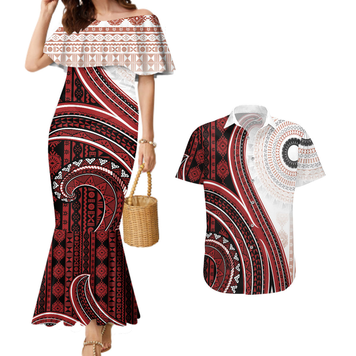 Bula Fiji Vintage Tapa Couples Matching Mermaid Dress and Hawaiian Shirt Kaivity Masi Wave Motifs - Red LT7 Red - Polynesian Pride