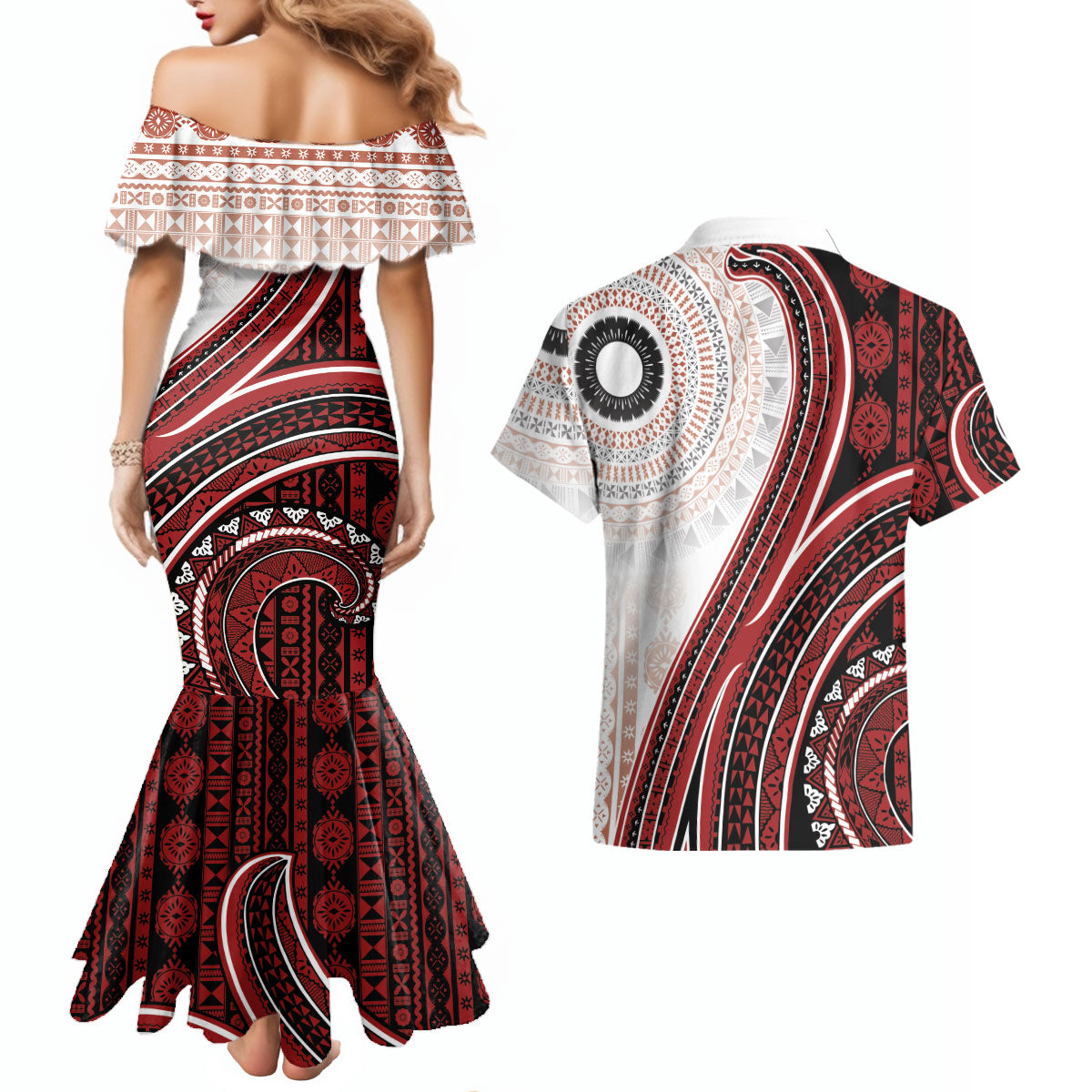 Bula Fiji Vintage Tapa Couples Matching Mermaid Dress and Hawaiian Shirt Kaivity Masi Wave Motifs - Red LT7 - Polynesian Pride