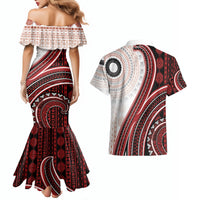 Bula Fiji Vintage Tapa Couples Matching Mermaid Dress and Hawaiian Shirt Kaivity Masi Wave Motifs - Red LT7 - Polynesian Pride