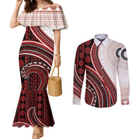 Bula Fiji Vintage Tapa Couples Matching Mermaid Dress and Long Sleeve Button Shirt Kaivity Masi Wave Motifs - Red LT7 Red - Polynesian Pride