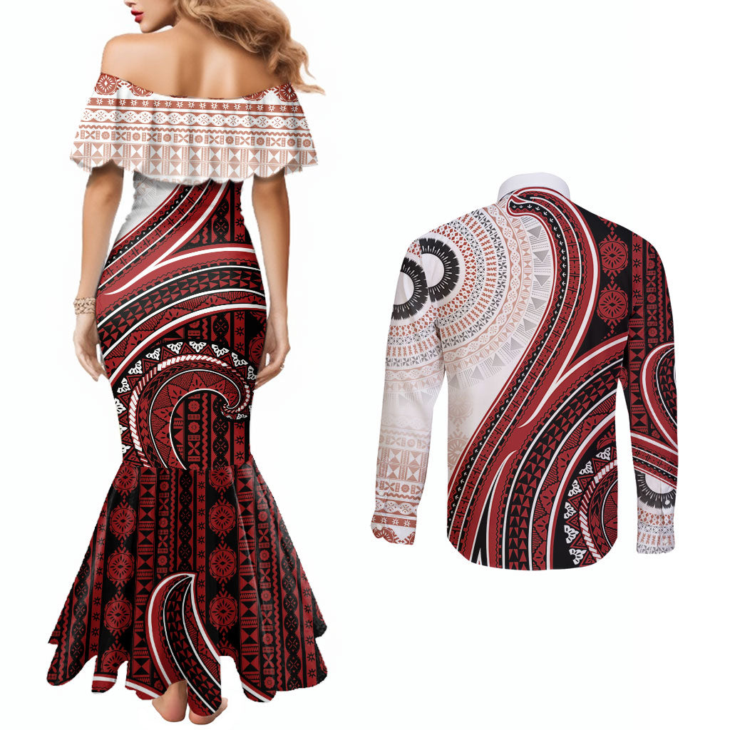 Bula Fiji Vintage Tapa Couples Matching Mermaid Dress and Long Sleeve Button Shirt Kaivity Masi Wave Motifs - Red LT7 - Polynesian Pride
