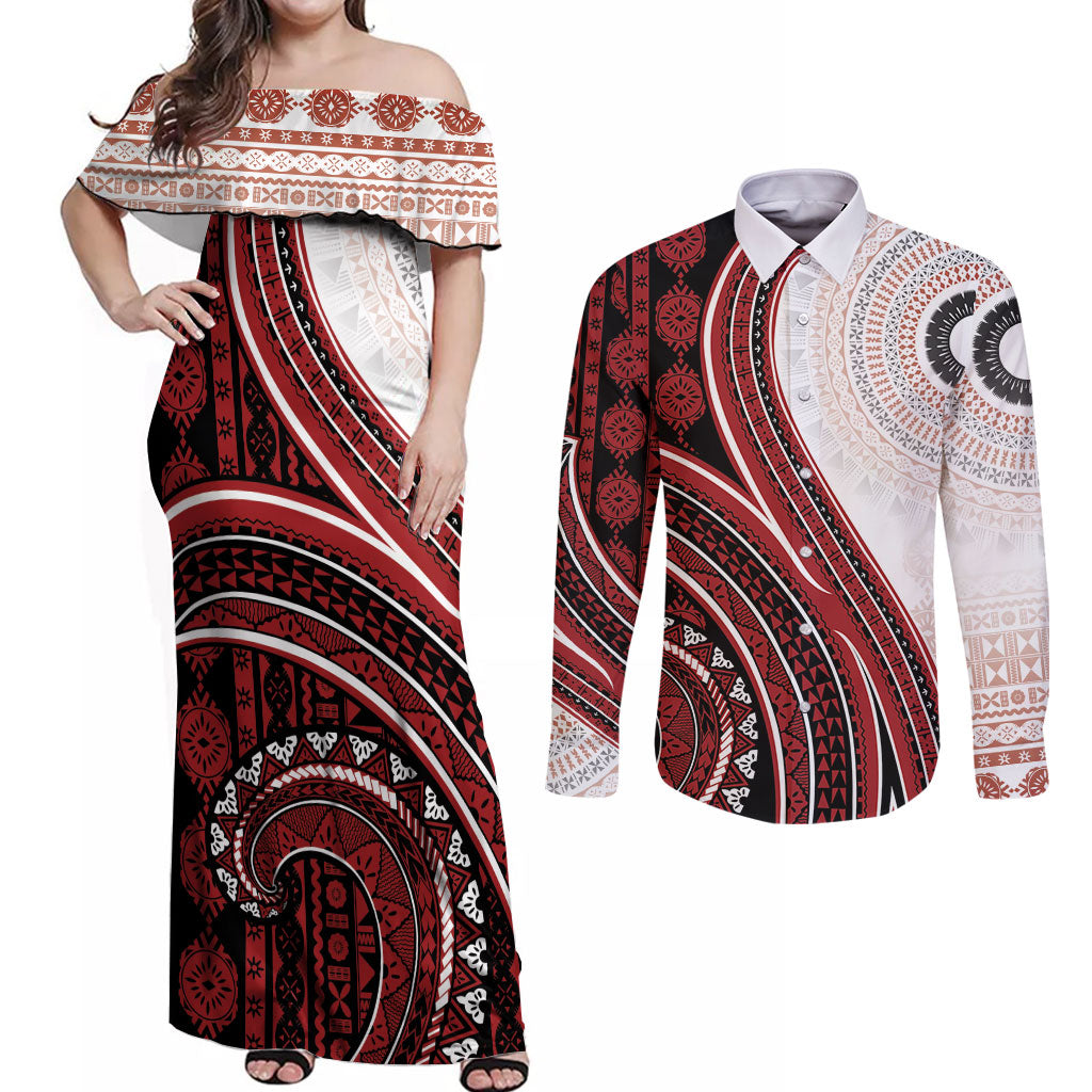Bula Fiji Vintage Tapa Couples Matching Off Shoulder Maxi Dress and Long Sleeve Button Shirt Kaivity Masi Wave Motifs - Red LT7 Red - Polynesian Pride