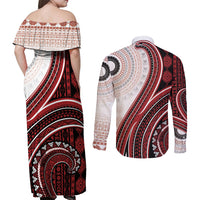Bula Fiji Vintage Tapa Couples Matching Off Shoulder Maxi Dress and Long Sleeve Button Shirt Kaivity Masi Wave Motifs - Red LT7 - Polynesian Pride