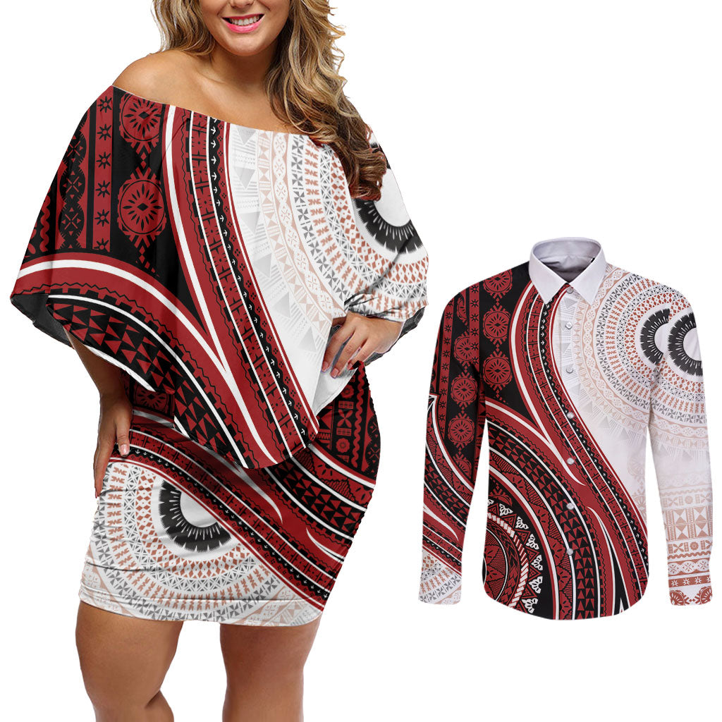 Bula Fiji Vintage Tapa Couples Matching Off Shoulder Short Dress and Long Sleeve Button Shirt Kaivity Masi Wave Motifs - Red LT7 Red - Polynesian Pride