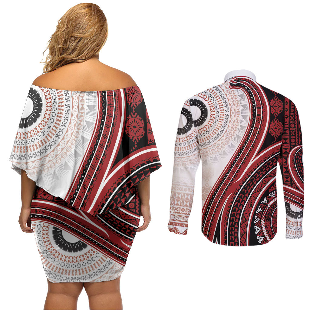 Bula Fiji Vintage Tapa Couples Matching Off Shoulder Short Dress and Long Sleeve Button Shirt Kaivity Masi Wave Motifs - Red LT7 - Polynesian Pride