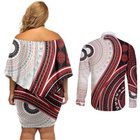 Bula Fiji Vintage Tapa Couples Matching Off Shoulder Short Dress and Long Sleeve Button Shirt Kaivity Masi Wave Motifs - Red LT7 - Polynesian Pride