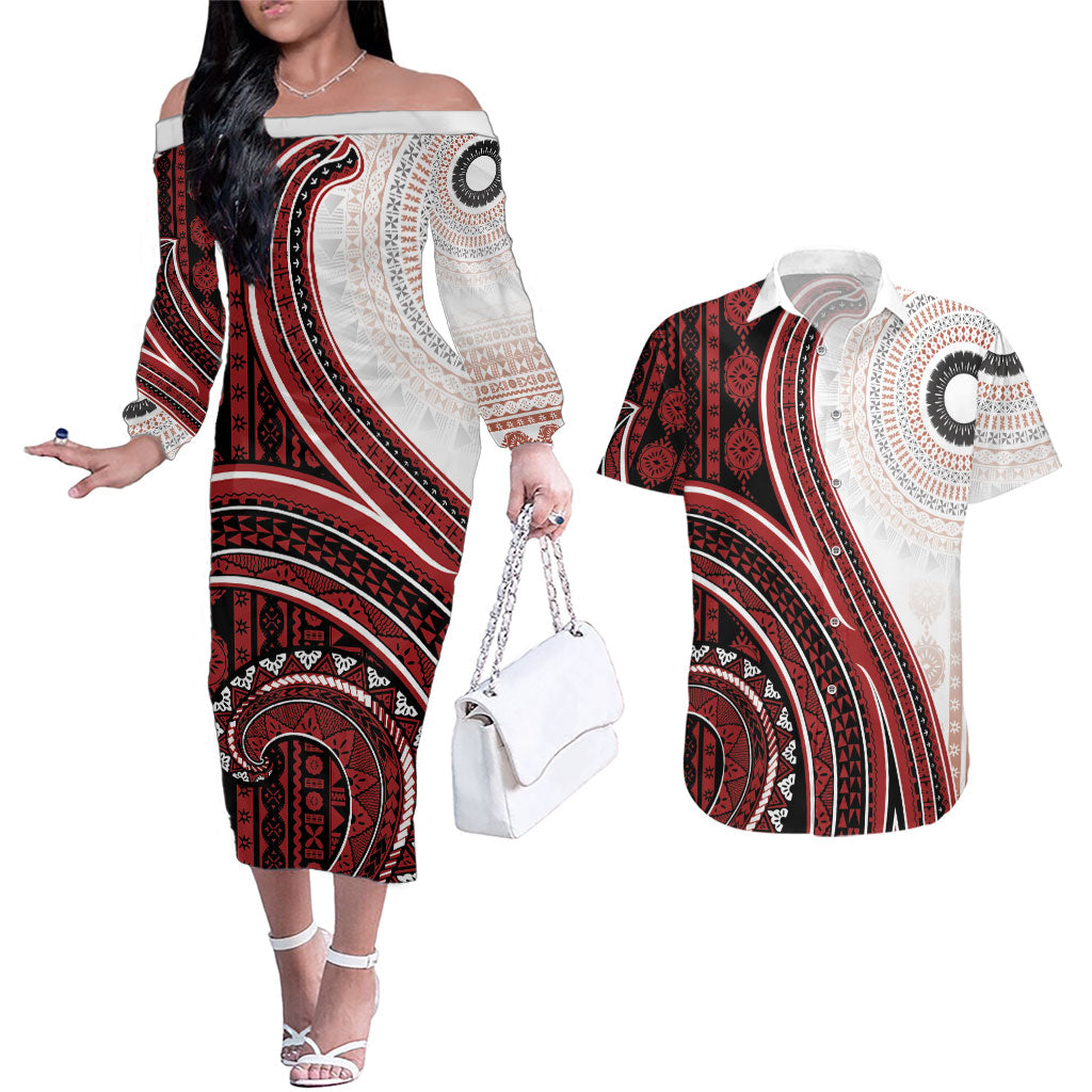 Bula Fiji Vintage Tapa Couples Matching Off The Shoulder Long Sleeve Dress and Hawaiian Shirt Kaivity Masi Wave Motifs - Red LT7 Red - Polynesian Pride