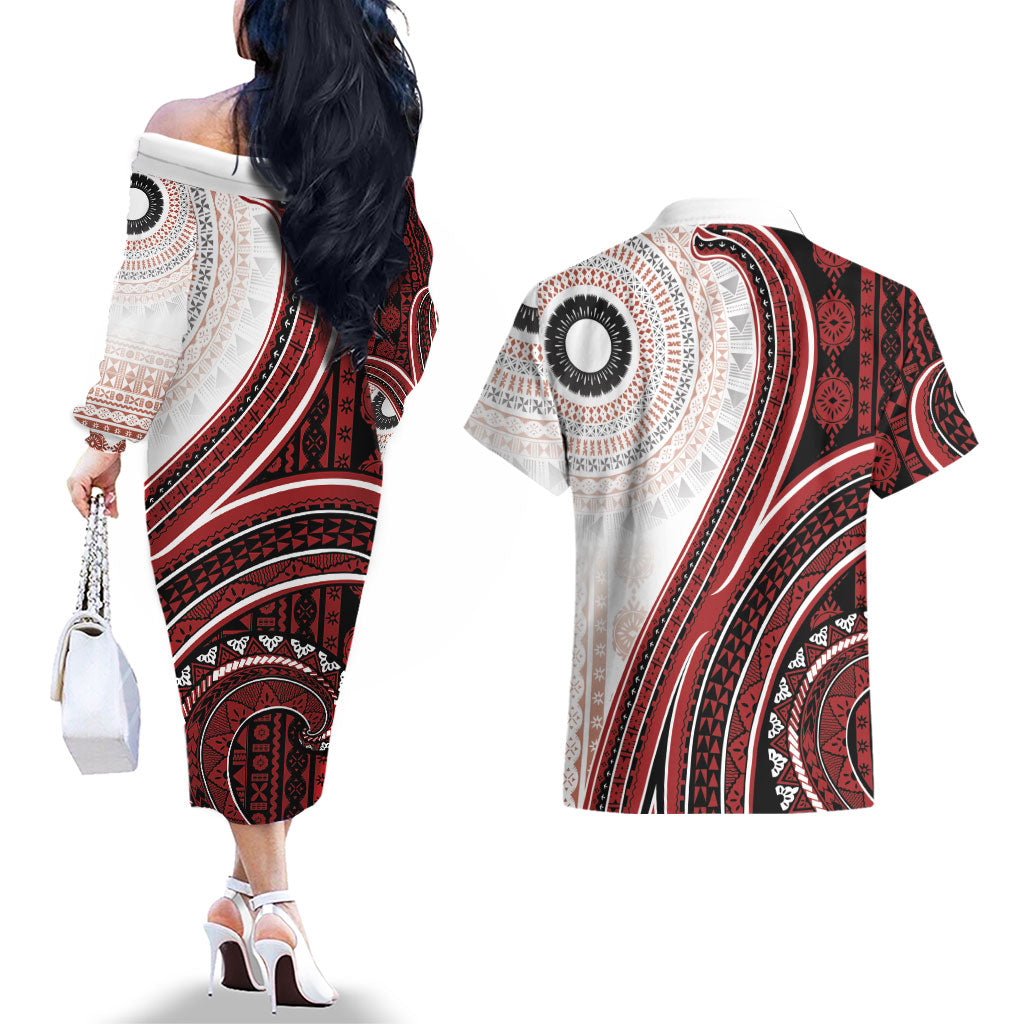 Bula Fiji Vintage Tapa Couples Matching Off The Shoulder Long Sleeve Dress and Hawaiian Shirt Kaivity Masi Wave Motifs - Red LT7 - Polynesian Pride