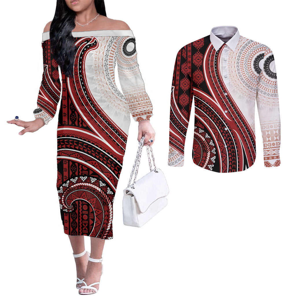 Bula Fiji Vintage Tapa Couples Matching Off The Shoulder Long Sleeve Dress and Long Sleeve Button Shirt Kaivity Masi Wave Motifs - Red LT7 Red - Polynesian Pride