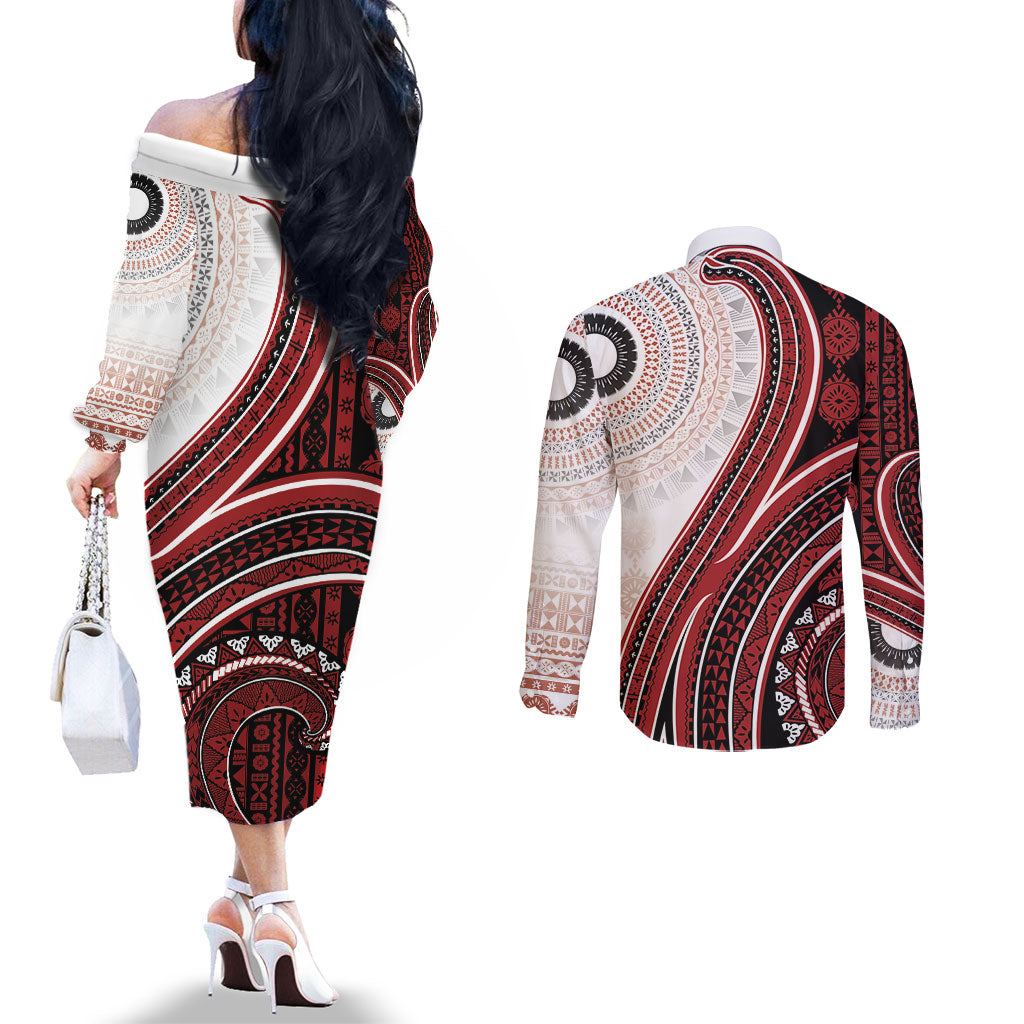 Bula Fiji Vintage Tapa Couples Matching Off The Shoulder Long Sleeve Dress and Long Sleeve Button Shirt Kaivity Masi Wave Motifs - Red LT7 - Polynesian Pride