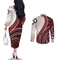 Bula Fiji Vintage Tapa Couples Matching Off The Shoulder Long Sleeve Dress and Long Sleeve Button Shirt Kaivity Masi Wave Motifs - Red LT7 - Polynesian Pride