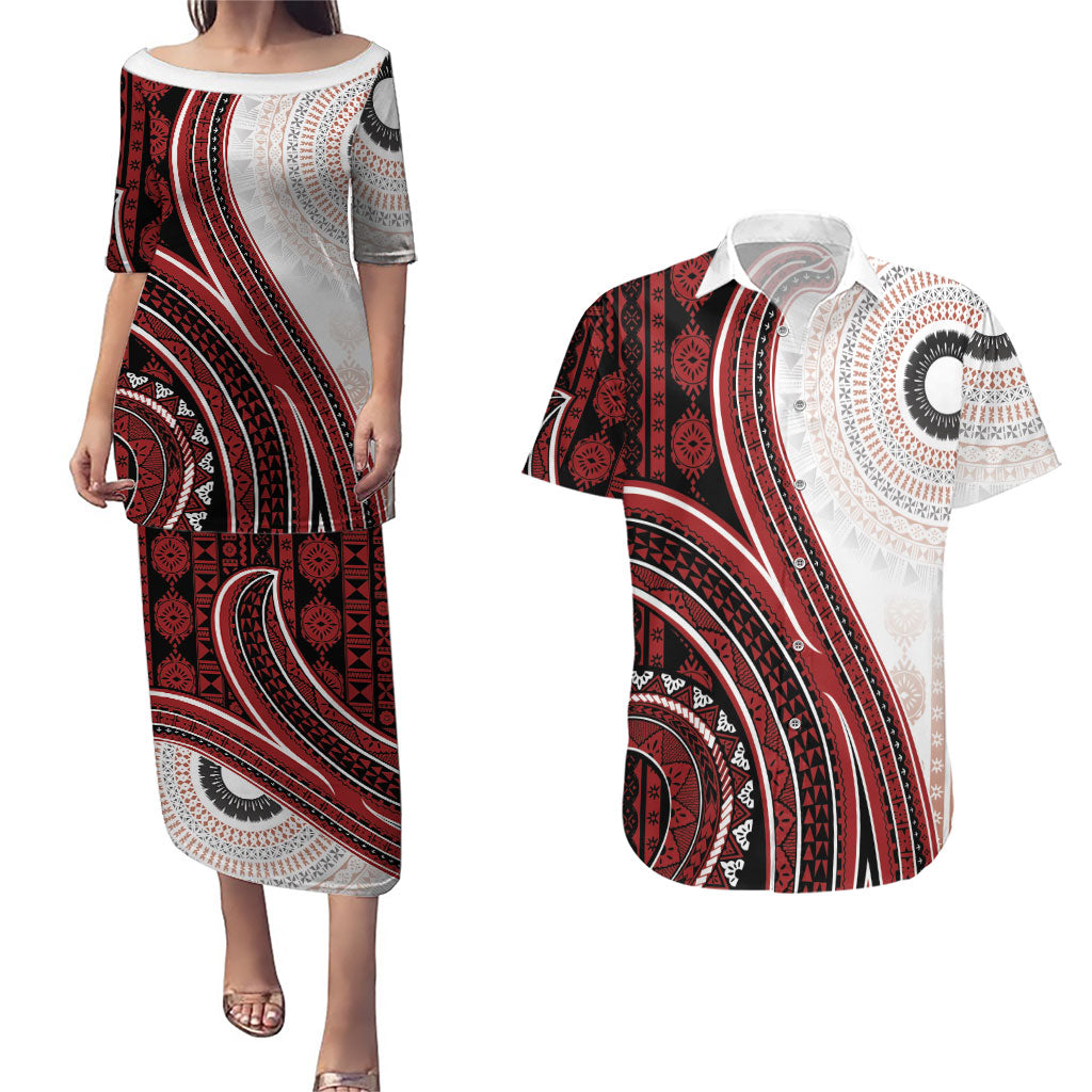 Bula Fiji Vintage Tapa Couples Matching Puletasi and Hawaiian Shirt Kaivity Masi Wave Motifs - Red